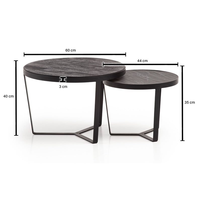 Couchtisch 2er Set Akazie Massivholz Rund Metallgestell Modern Schwarz