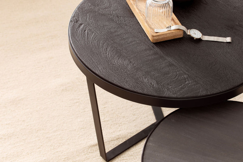 Couchtisch 2er Set Akazie Massivholz Rund Metallgestell Modern Schwarz