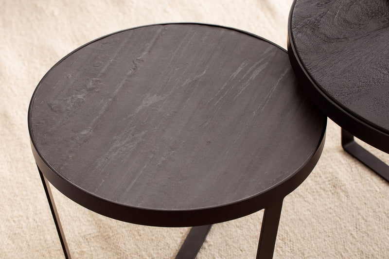 Couchtisch 2er Set Akazie Massivholz Rund Metallgestell Modern Schwarz