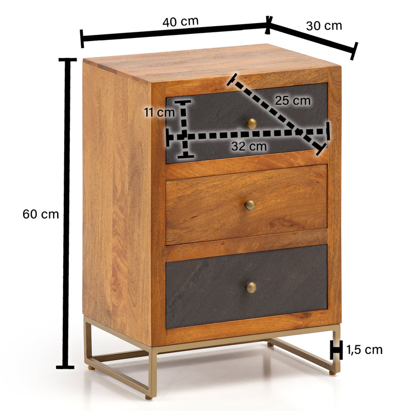 Nachttisch Mango Massivholz 3 Schubladen Braun Metallgestell 40x60x30cm