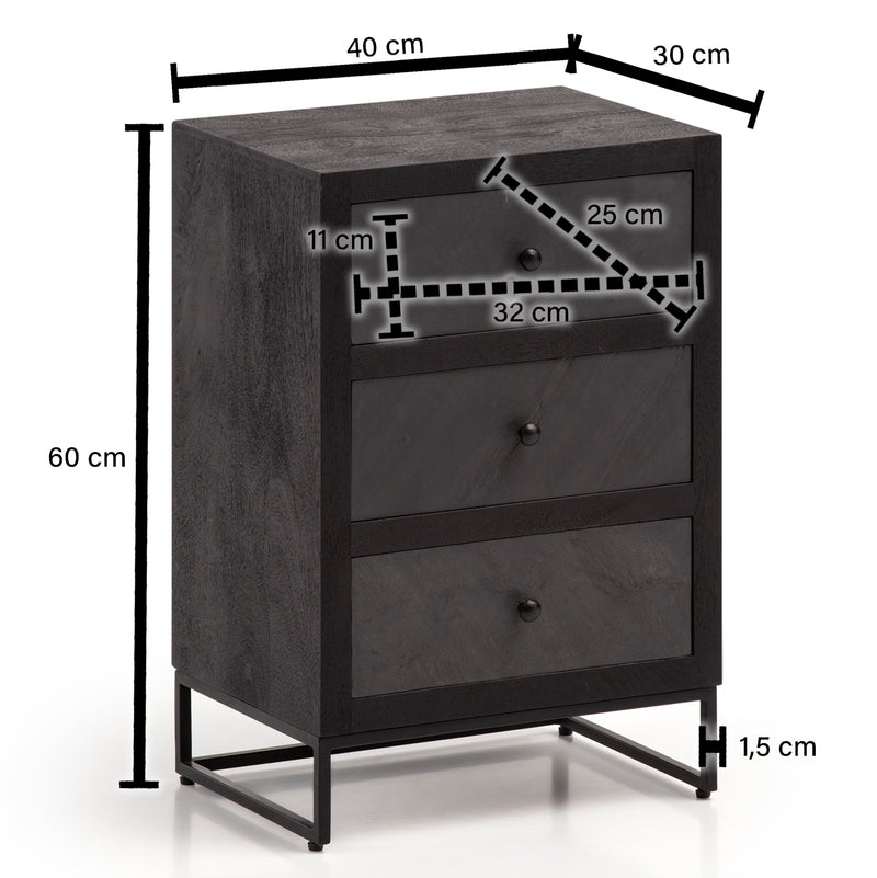 Nachttisch Mango Massivholz Steinoptik 3 Schubladen Schwarz Metallgestell