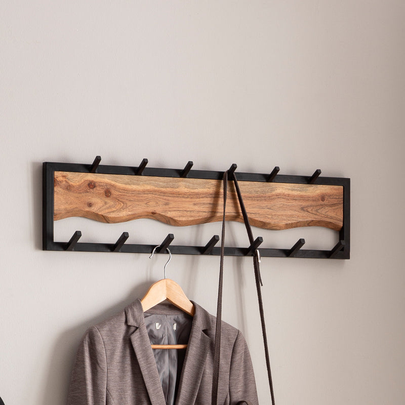 Wandgarderobe Akazie Massivholz Metall Hakenleiste 80x20x8cm Wellenmuster