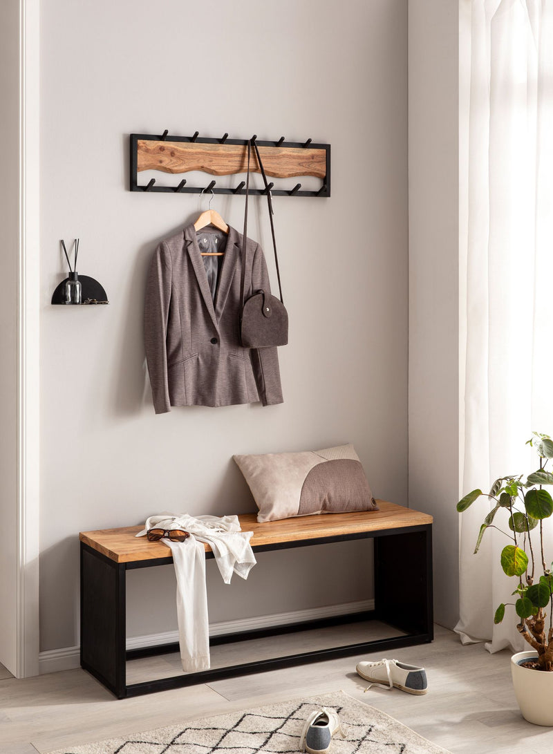 Wandgarderobe Akazie Massivholz Metall Hakenleiste 80x20x8cm Wellenmuster