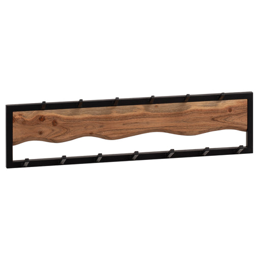 Wandgarderobe Akazie Massivholz Metall Hakenleiste 80x20x8cm mit wellenförmiger Holzleiste im schwarzen Metallrahmen.