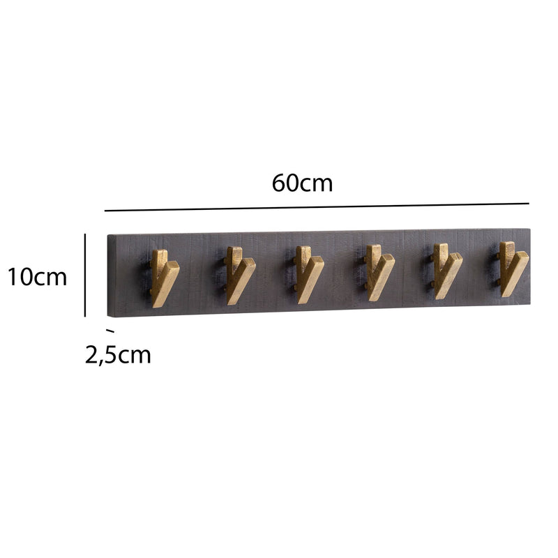 Wandgarderobe Mango Massivholz Metall 60x10x8cm Schwarz Gold Hakenleiste