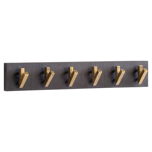 Wandgarderobe Mango Massivholz Metall mit sechs goldfarbenen Haken auf schwarzem Rahmen, Gesamtansicht.