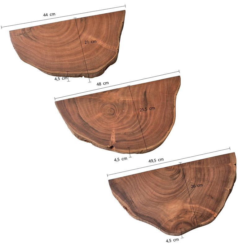 Wandregal 3er Set Akazie Vollholz Baumkante Natur Modern