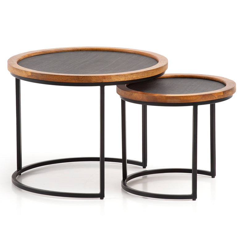 Couchtisch 2er Set Mango Massivholz Rund Metallgestell Braun Anthrazit
