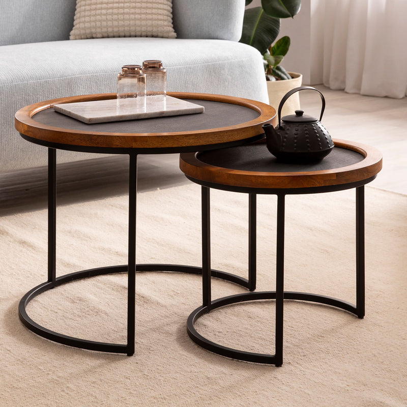 Couchtisch 2er Set Mango Massivholz Rund Metallgestell Braun Anthrazit