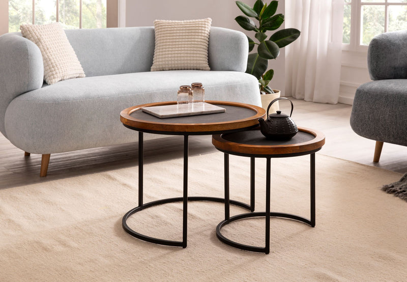 Couchtisch 2er Set Mango Massivholz Rund Metallgestell Braun Anthrazit