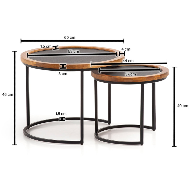 Couchtisch 2er Set Mango Massivholz Rund Metallgestell Braun Anthrazit