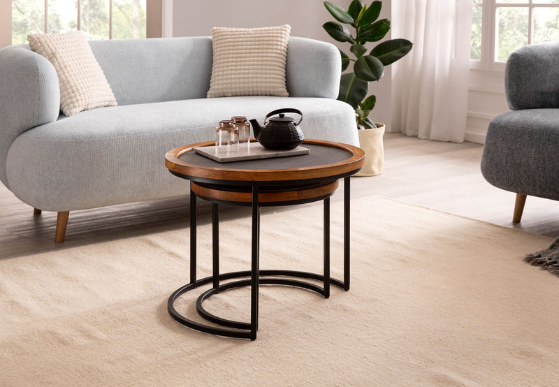 Couchtisch 2er Set Mango Massivholz Rund Metallgestell Braun Anthrazit