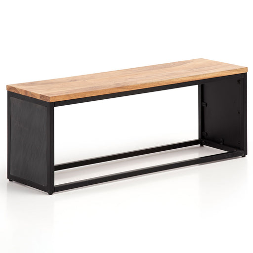 Sitzbank Akazie Massivholz 120x45x35cm Metallgestell Steinoptik in Gesamtansicht mit heller Holzplatte und dunklem Metallrahmen.
