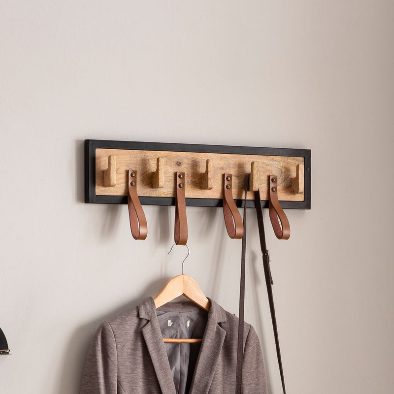 Wandgarderobe Mango Massivholz Leder 60x15x6cm Hakenleiste Metallrahmen