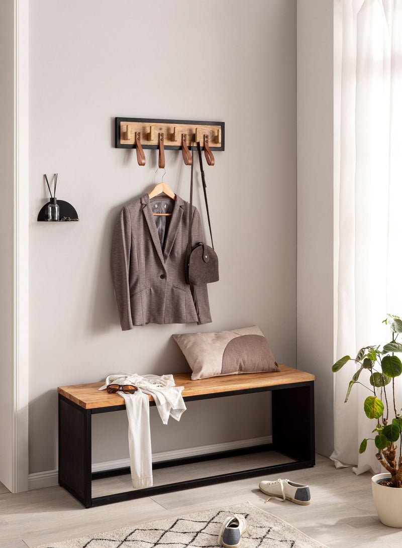 Wandgarderobe Mango Massivholz Leder 60x15x6cm Hakenleiste Metallrahmen