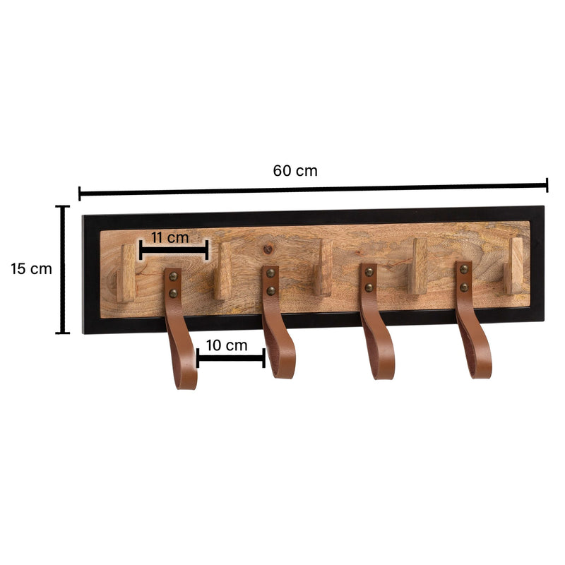Wandgarderobe Mango Massivholz Leder 60x15x6cm Hakenleiste Metallrahmen