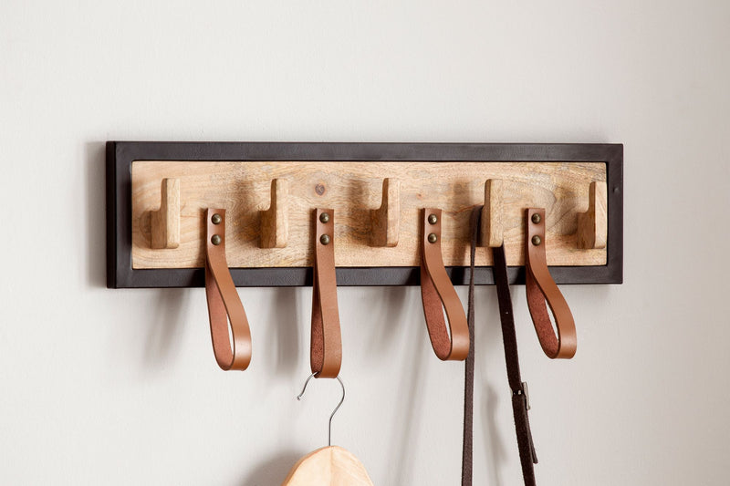 Wandgarderobe Mango Massivholz Leder 60x15x6cm Hakenleiste Metallrahmen