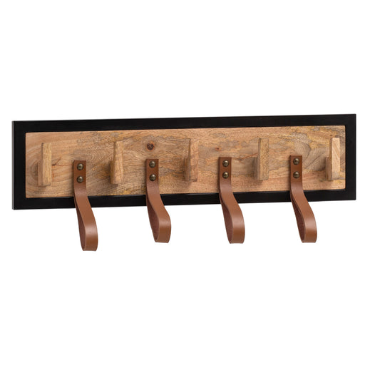Wandgarderobe Mango Massivholz Leder mit schwarzem Metallrahmen, vier Lederhaken und Holzpflöcken in Gesamtansicht.