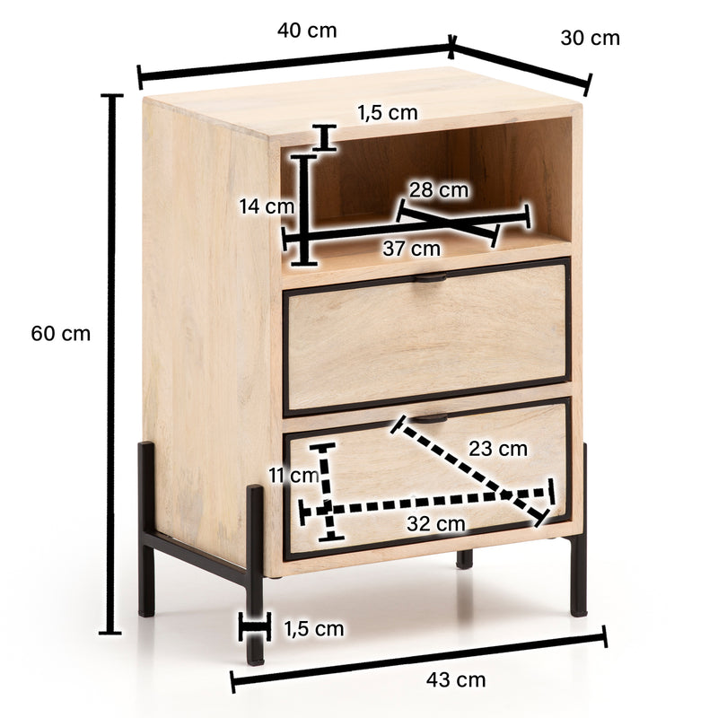 Nachttisch Mango Massivholz Metall 2 Schubladen Braun 43x60x30cm
