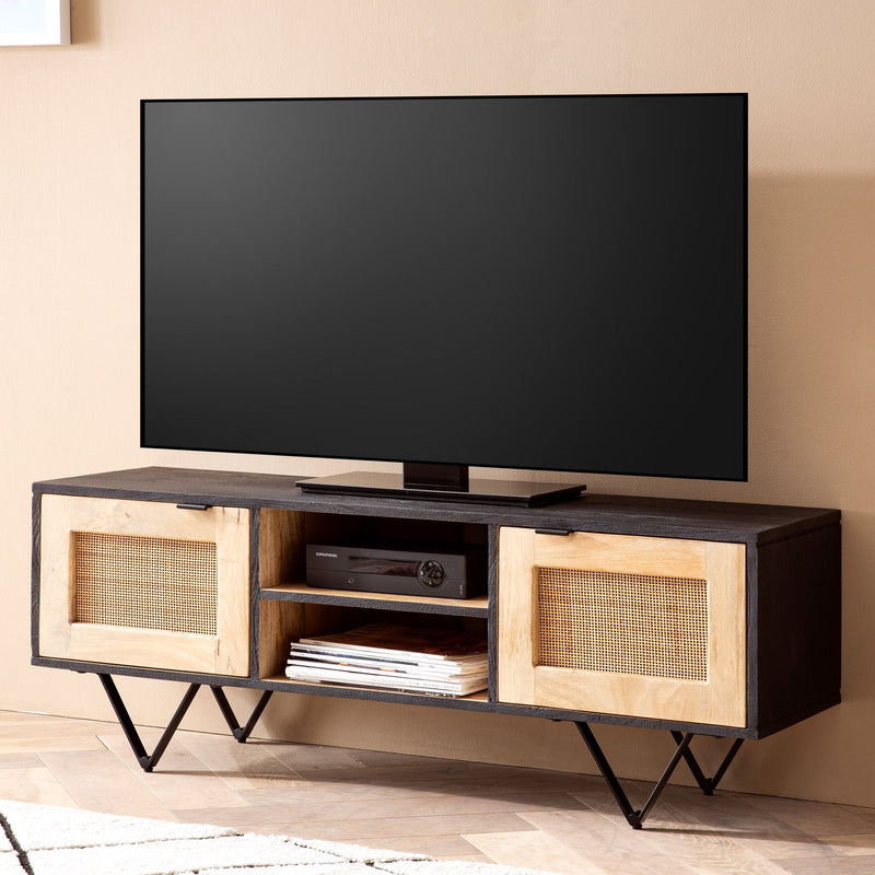 Lowboard Mango Massivholz Rattan 120x44x35cm TV-Kommode Modern