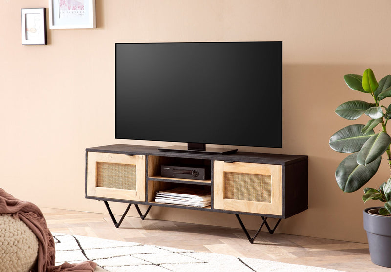 Lowboard Mango Massivholz Rattan 120x44x35cm TV-Kommode Modern