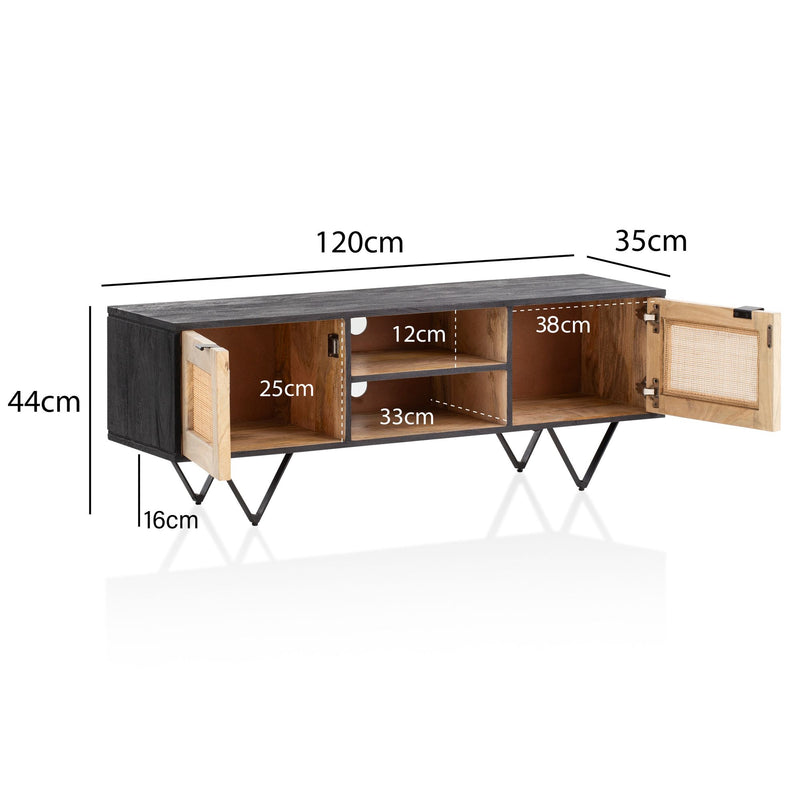 Lowboard Mango Massivholz Rattan 120x44x35cm TV-Kommode Modern