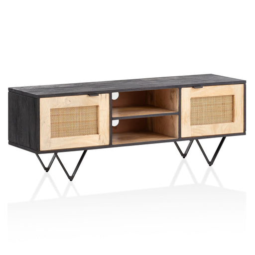 Lowboard Mango Massivholz Rattan 120x44x35cm TV-Kommode Modern mit schwarzer Oberplatte, Ratantüren und offenem Mittelbereich.