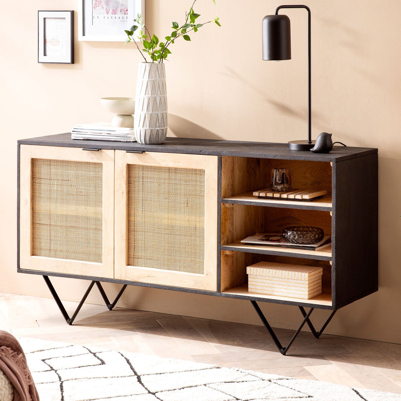 Sideboard Mango Massivholz Rattan 145x75x40cm 2 Türen Schwarz Braun
