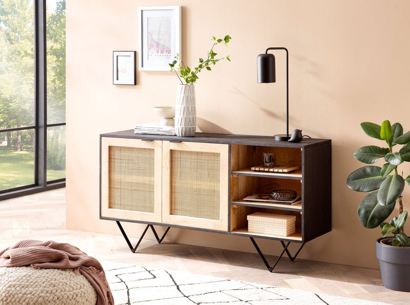 Sideboard Mango Massivholz Rattan 145x75x40cm 2 Türen Schwarz Braun