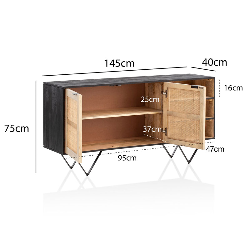 Sideboard Mango Massivholz Rattan 145x75x40cm 2 Türen Schwarz Braun