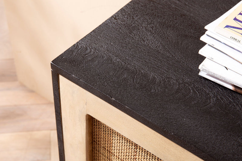 Sideboard Mango Massivholz Rattan 145x75x40cm 2 Türen Schwarz Braun