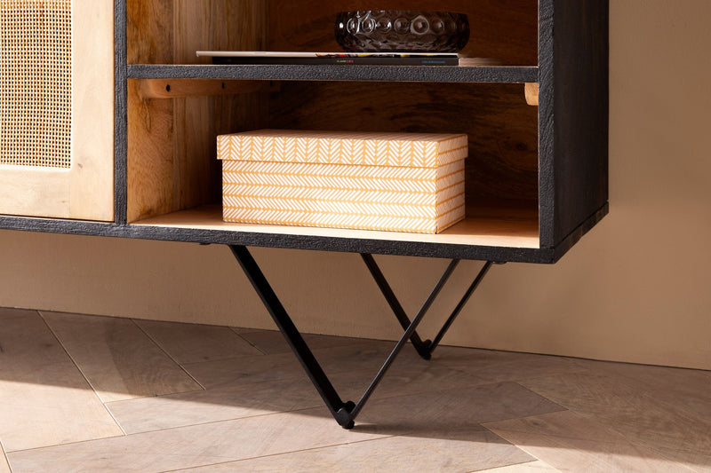 Sideboard Mango Massivholz Rattan 145x75x40cm 2 Türen Schwarz Braun