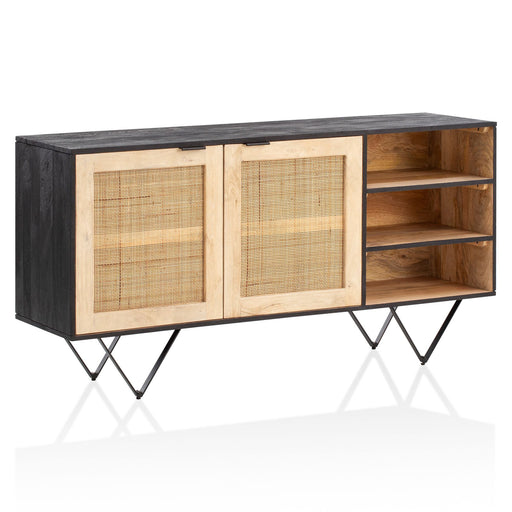 Sideboard Mango Massivholz Rattan mit zwei Ratantüren und offenen Fächern, Gesamtansicht von vorne.