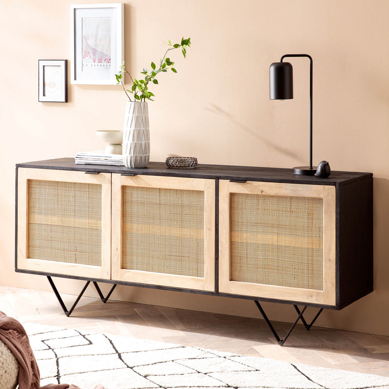 Sideboard Mango Rattan 175x75x45cm 3 Türen Schwarz Braun Wohnzimmer