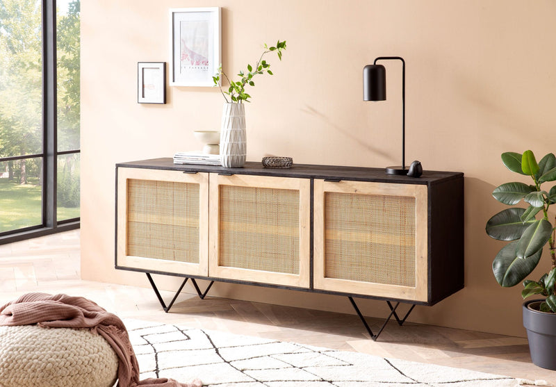 Sideboard Mango Rattan 175x75x45cm 3 Türen Schwarz Braun Wohnzimmer