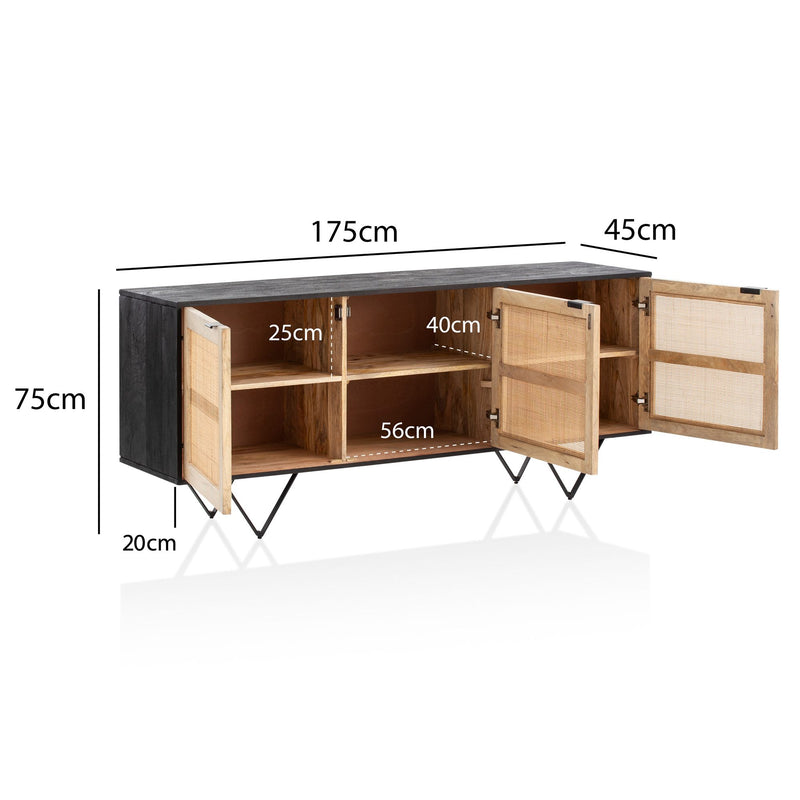 Sideboard Mango Rattan 175x75x45cm 3 Türen Schwarz Braun Wohnzimmer