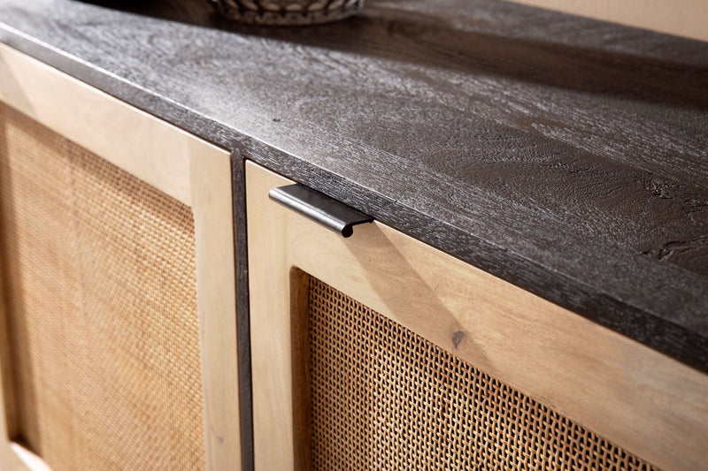 Sideboard Mango Rattan 175x75x45cm 3 Türen Schwarz Braun Wohnzimmer