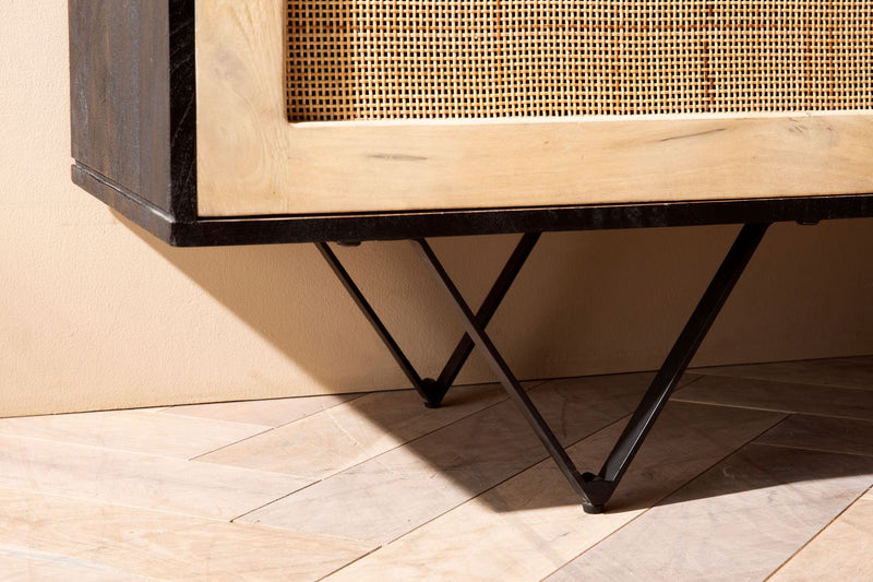 Sideboard Mango Rattan 175x75x45cm 3 Türen Schwarz Braun Wohnzimmer