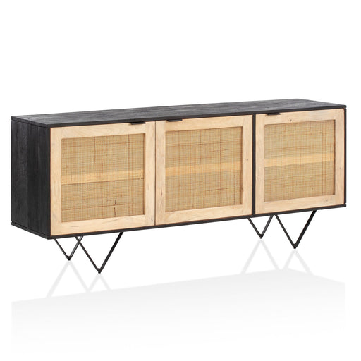 Sideboard Mango Rattan mit drei Rattantüren, dunkler Holzplatte und schwarzem Metallgestell, Gesamtansicht.