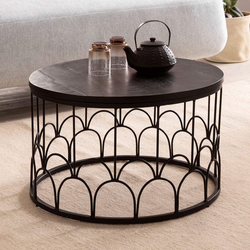 Couchtisch 60x60x36cm Mango Massivholz Metall Schwarz Industrial Rund