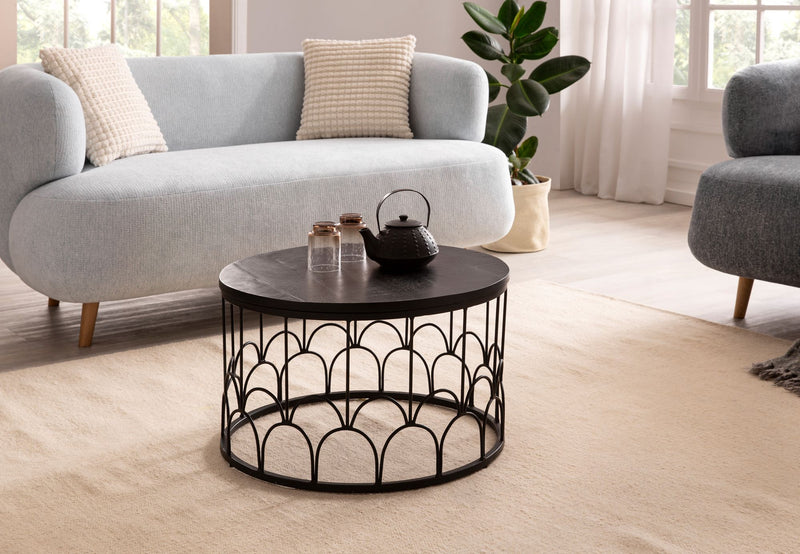 Couchtisch 60x60x36cm Mango Massivholz Metall Schwarz Industrial Rund