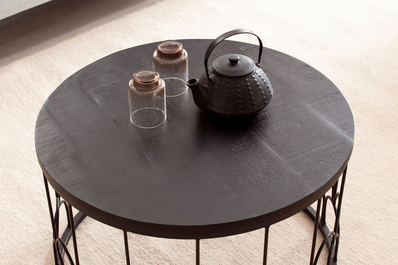 Couchtisch 60x60x36cm Mango Massivholz Metall Schwarz Industrial Rund