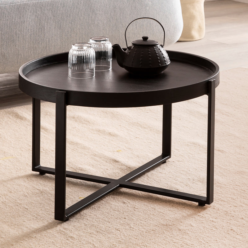 Couchtisch 60x60x35cm Mango Massivholz Metall Schwarz Industrial Rund
