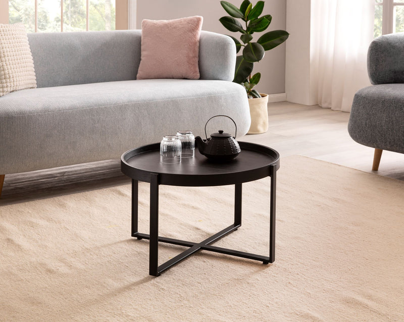 Couchtisch 60x60x35cm Mango Massivholz Metall Schwarz Industrial Rund