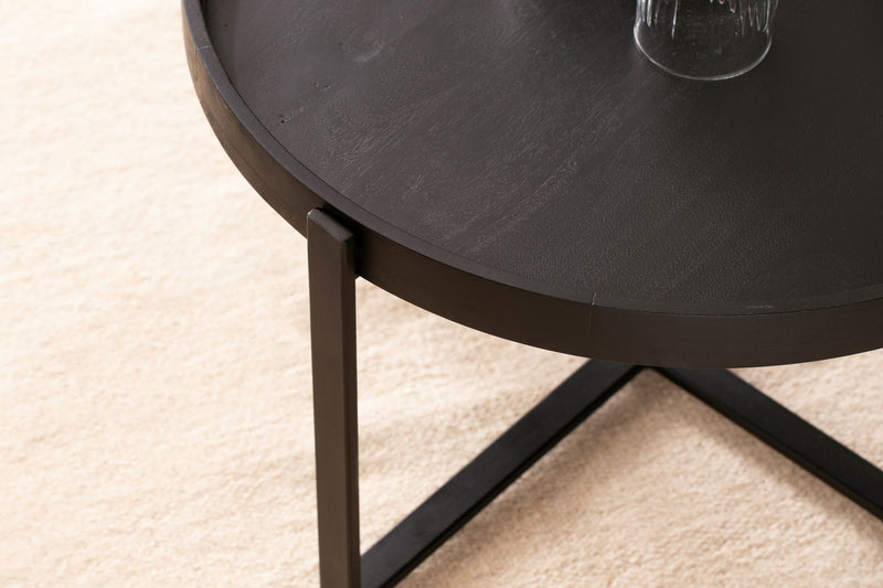 Couchtisch 60x60x35cm Mango Massivholz Metall Schwarz Industrial Rund