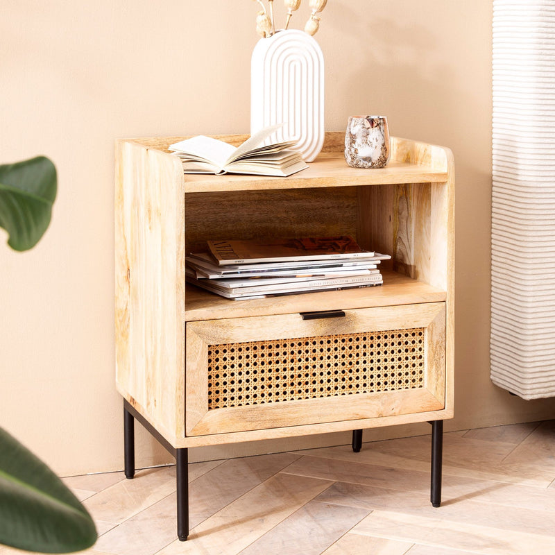 Nachtkonsole Mango Massivholz Rattan 50x60x40cm Schublade Braun