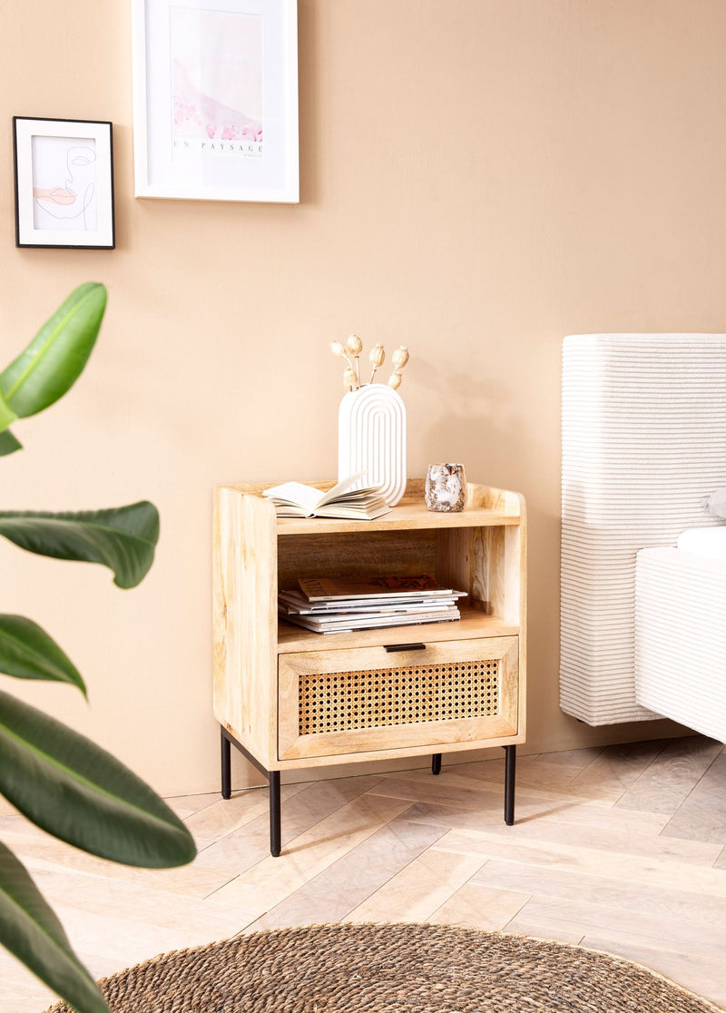 Nachtkonsole Mango Massivholz Rattan 50x60x40cm Schublade Braun