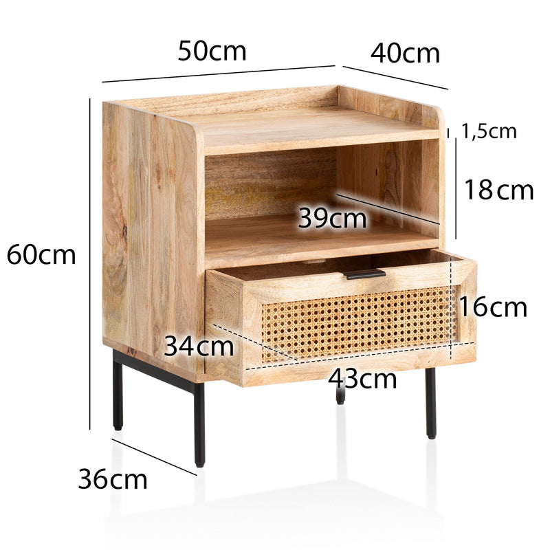 Nachtkonsole Mango Massivholz Rattan 50x60x40cm Schublade Braun