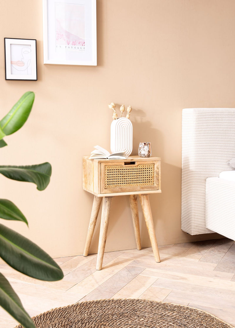 Nachtkonsole Mango Massivholz Rattan 40x60x30cm Braun Schublade
