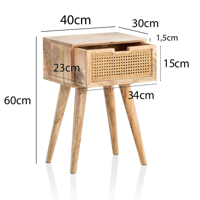 Nachtkonsole Mango Massivholz Rattan 40x60x30cm Braun Schublade